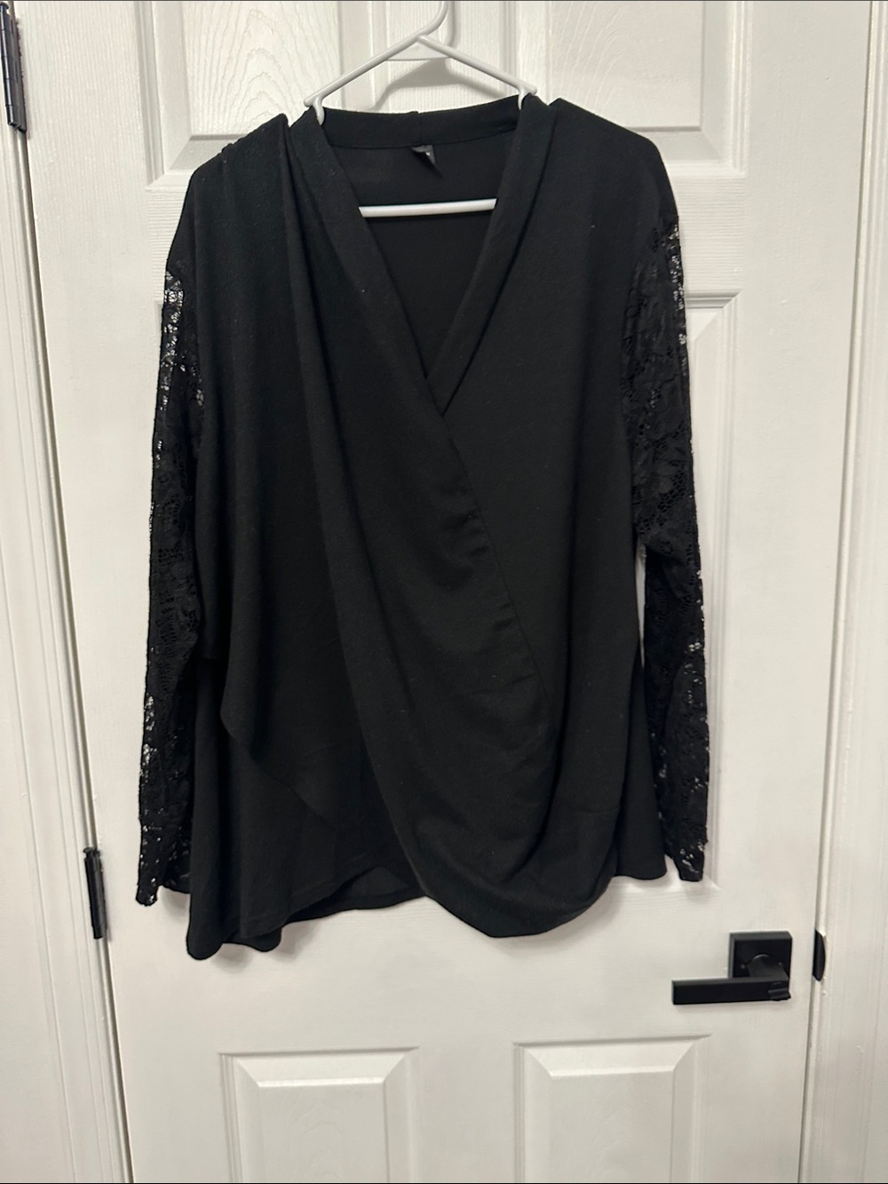 SHEIN Black Lace-Sleeve Draped Wrap Blouse